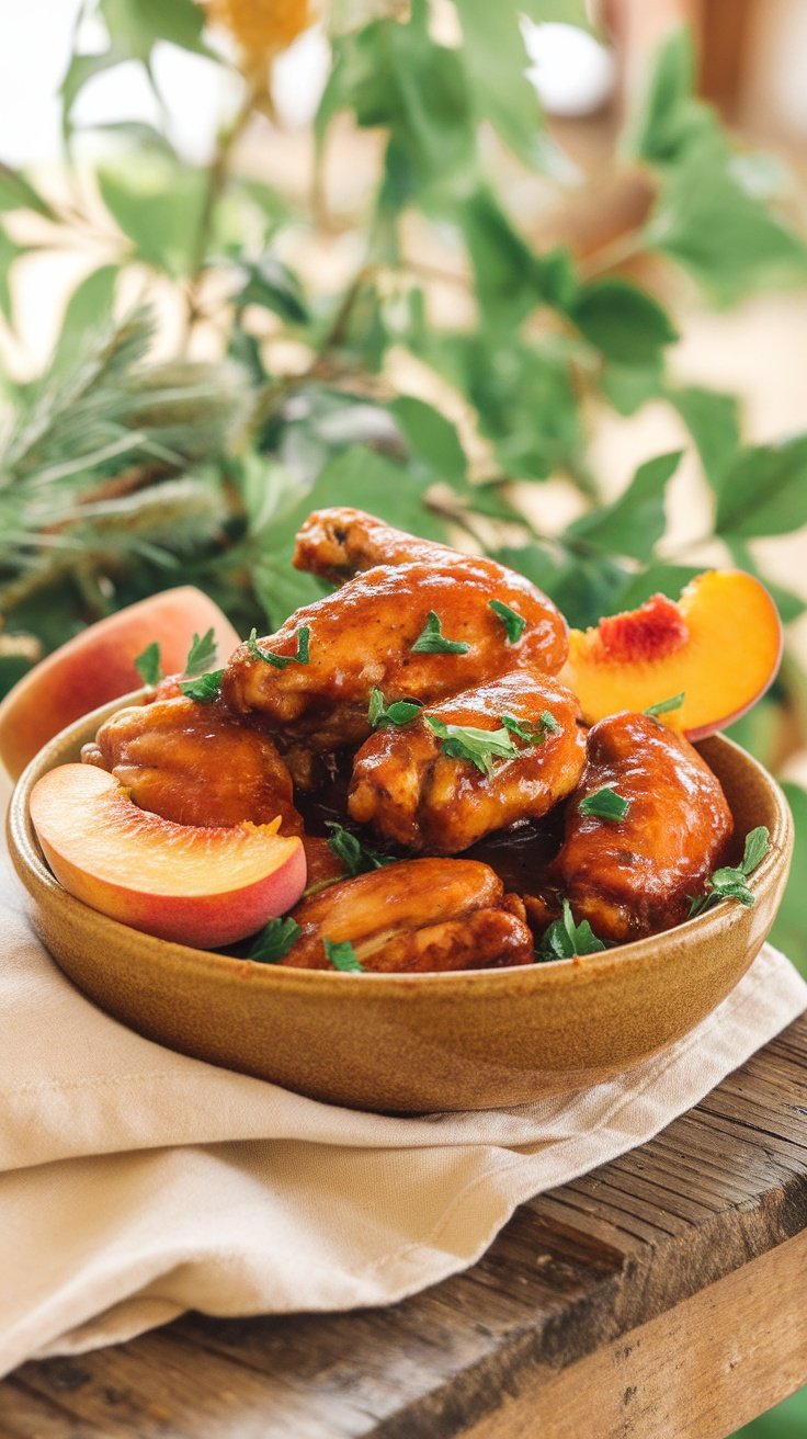 Bowl of chicken wings coated in a peach bourbon glaze, garnished with fresh peaches.