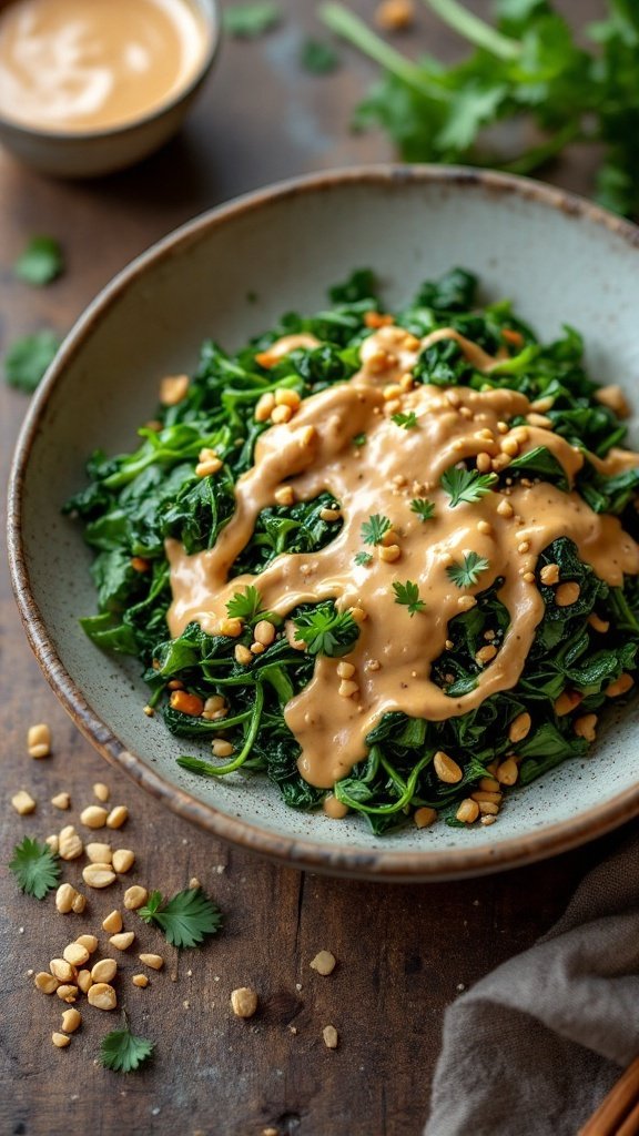 A bowl of stir-fried greens topped with a creamy peanut sauce and garnished with chopped peanuts, showcasing a delicious vegetable dish.