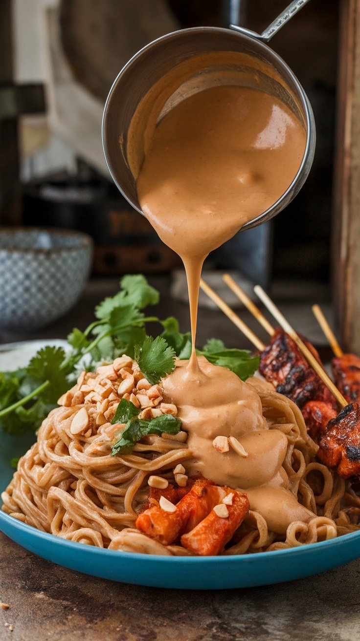 A plate of noodles topped with peanut sauce and grilled skewers.
