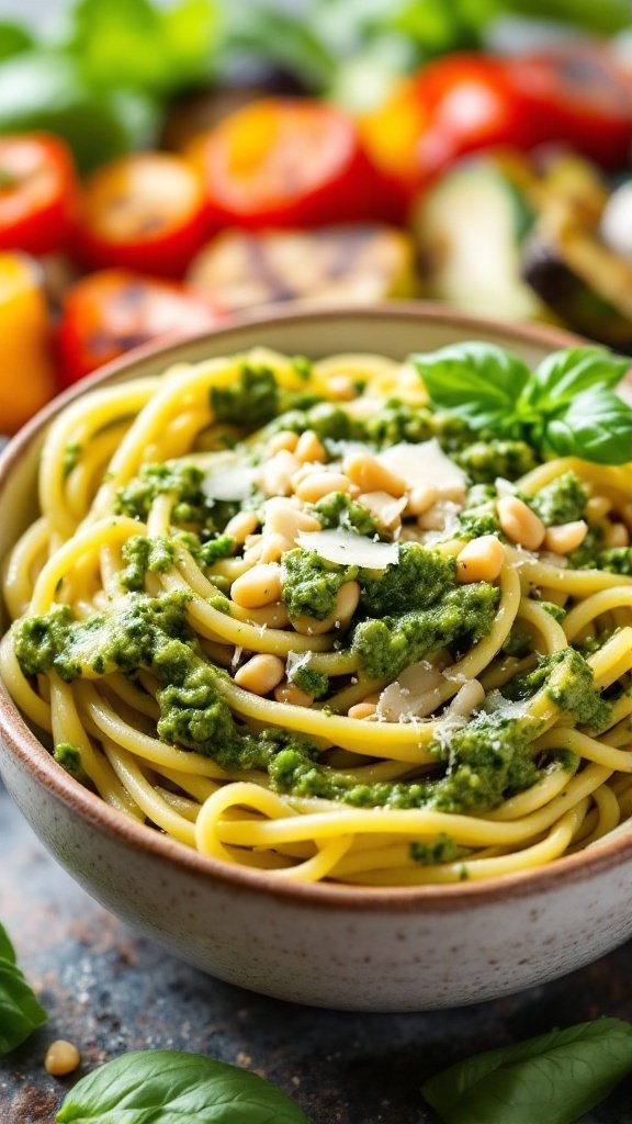 A bowl of spaghetti topped with pesto sauce, garnished with pine nuts and fresh basil, with colorful vegetables in the background.