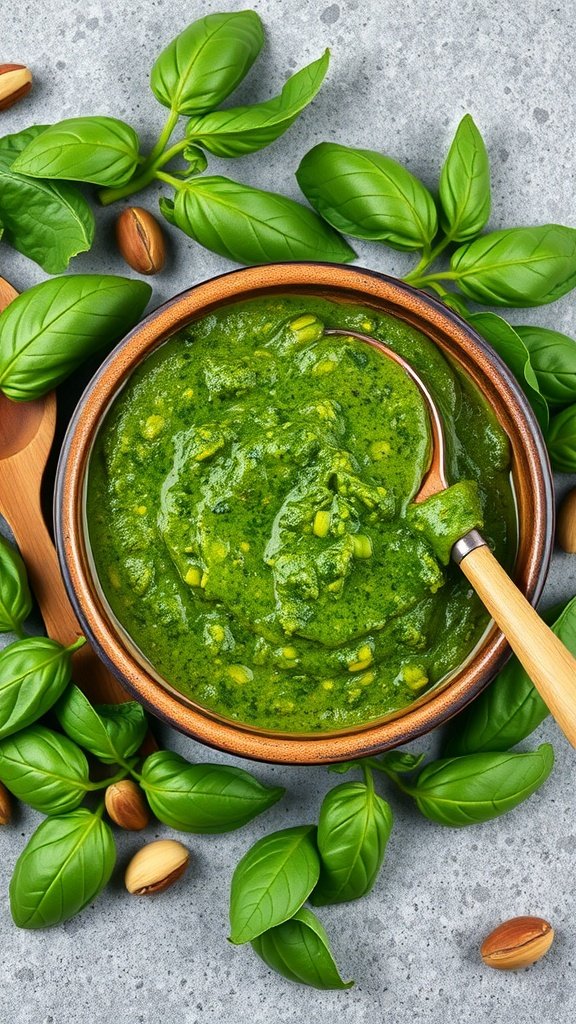 A bowl of fresh green pesto sauce surrounded by basil leaves and pine nuts.