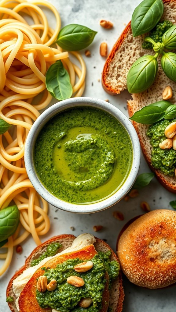Pesto sauce in a bowl with fresh basil leaves and pasta nearby