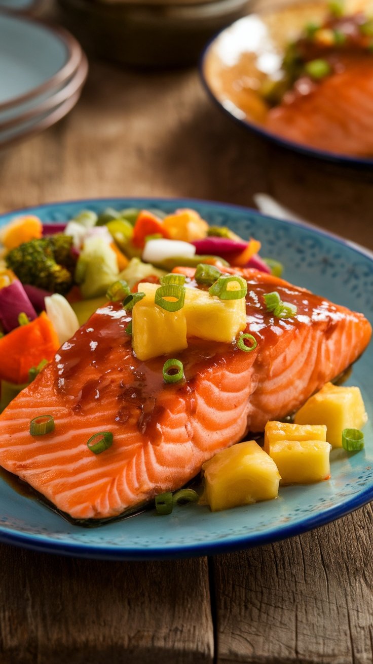 A delicious serving of salmon glazed with pineapple teriyaki sauce, garnished with green onions and accompanied by colorful vegetables.