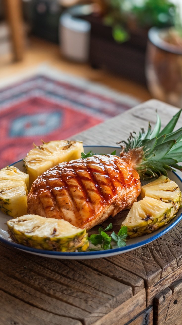 A delicious grilled chicken breast with a tropical pineapple teriyaki glaze served with pineapple slices.