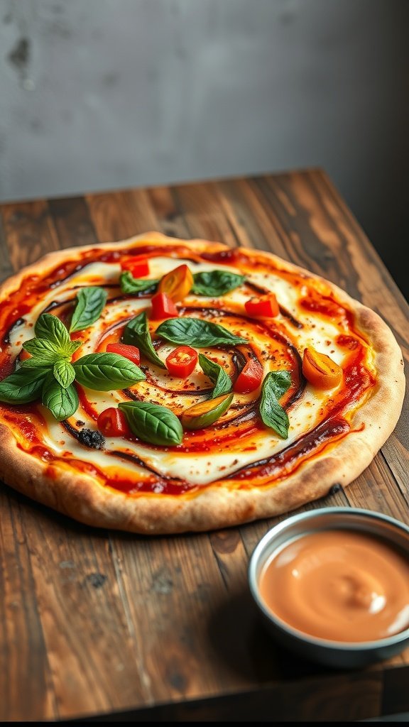 A freshly baked pizza topped with a smoky swirl, cherry tomatoes, and fresh basil.