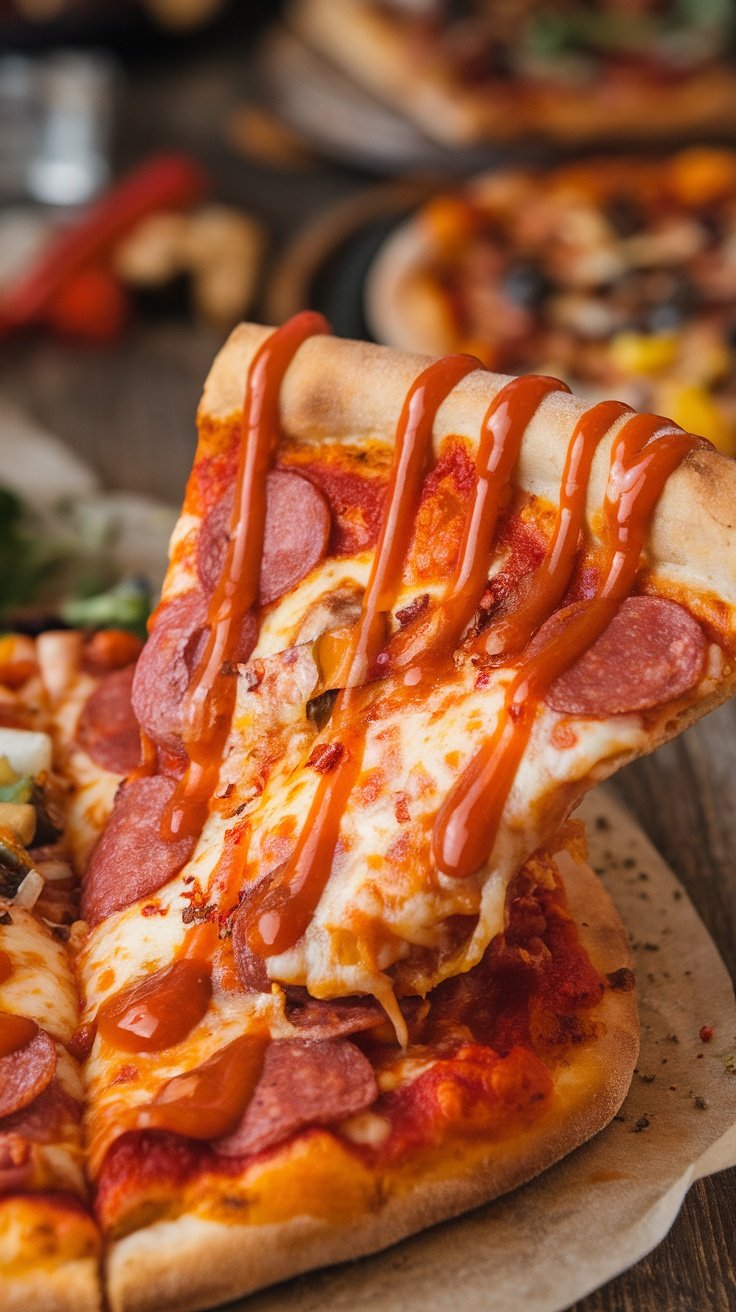 Slice of pizza with hot sauce drizzled on top