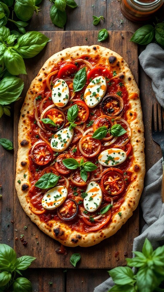A delicious flatbread pizza topped with fresh basil, tomatoes, and cheese.