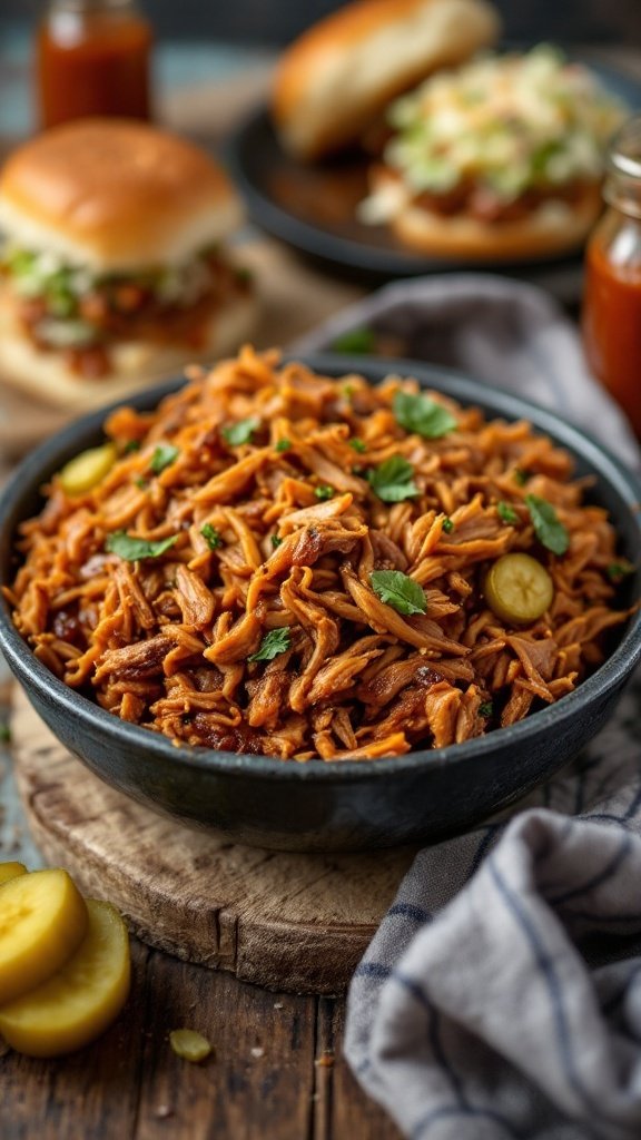 Bowl of shredded pulled pork with pickles and sliders in the background.