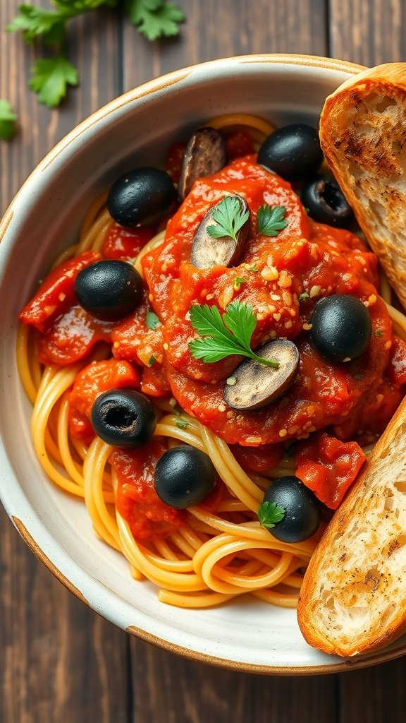 A delicious bowl of pasta with puttanesca sauce, topped with olives and parsley.