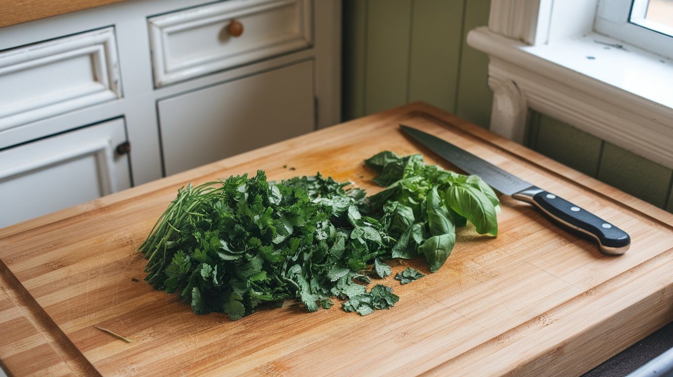 A wooden cutting board with fresh herbs and a knife