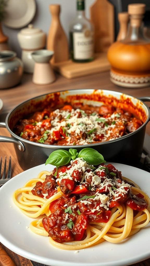 A delicious plate of pappardelle topped with slow-simmered meat ragu sauce and garnished with basil.
