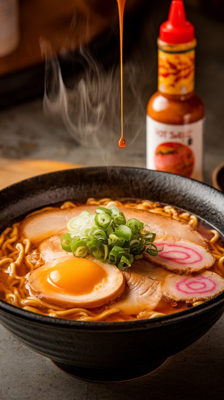 A steaming bowl of ramen with hot sauce drizzling over it.