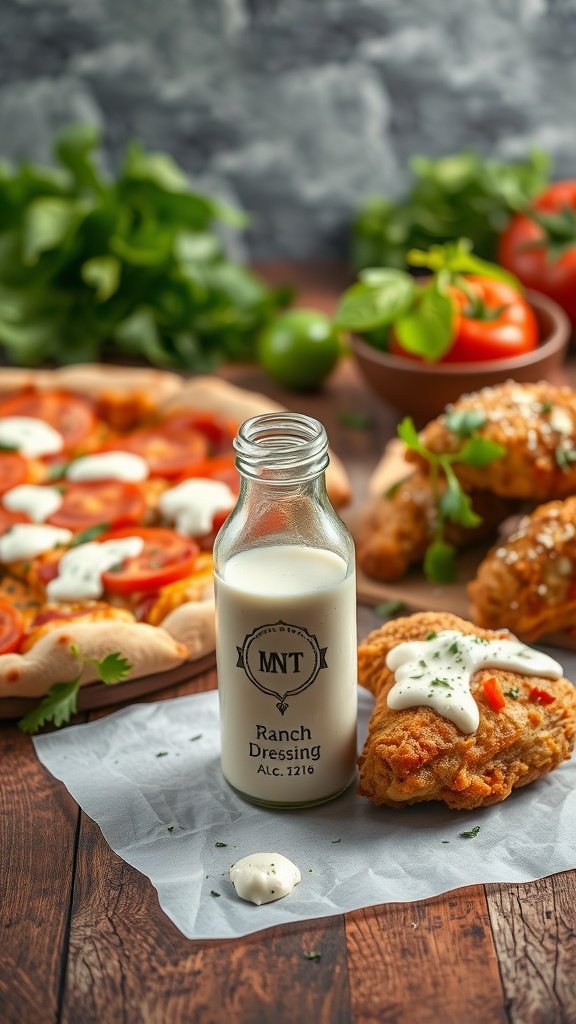A bottle of ranch dressing with pizza and fried chicken in the background.