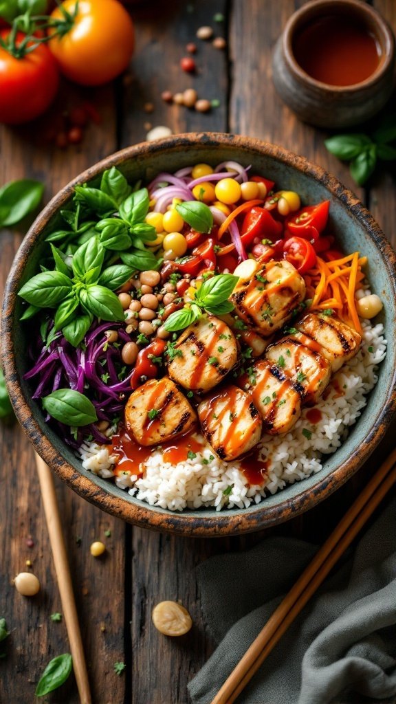 A colorful rice bowl with grilled protein, fresh vegetables, and Smokin&rsquo; Ts sauce.