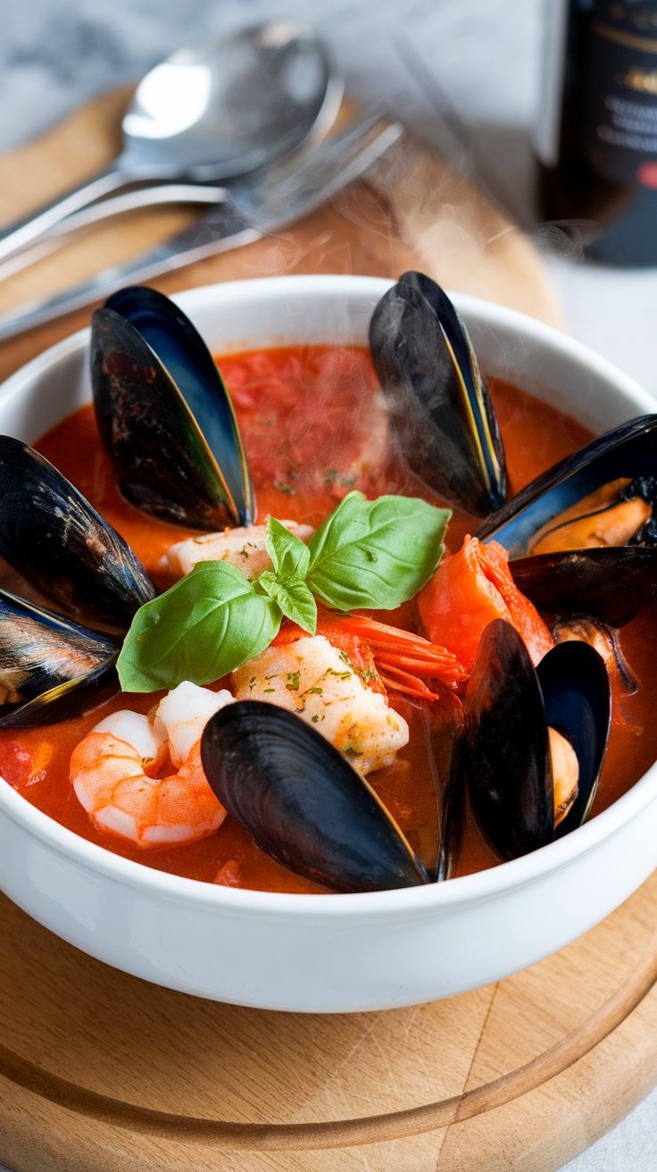 A steaming bowl of cioppino seafood stew with shrimp and mussels