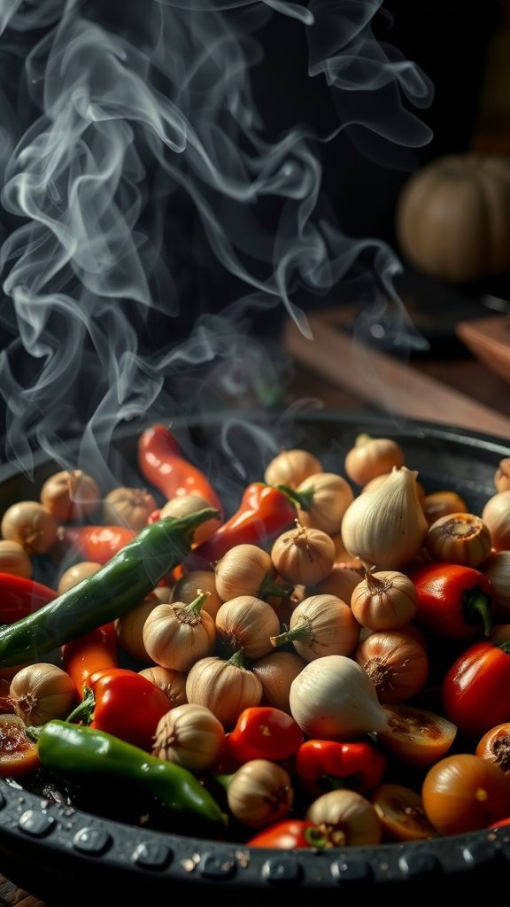 A pan filled with various colorful vegetables, including peppers and onions, emitting smoke.