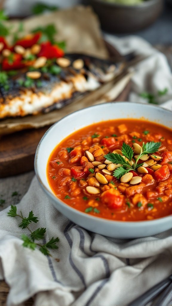 A serving of grilled fish accompanied by bowls of Romesco sauce with roasted red peppers, tomatoes, and almonds.