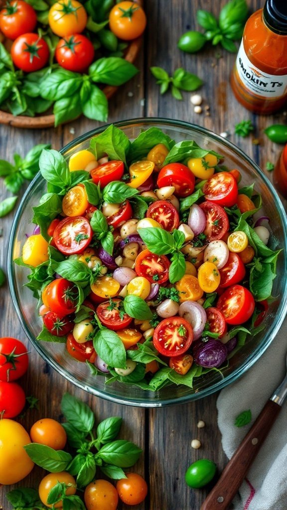 A vibrant salad made with various tomatoes and fresh basil, with a bottle of Smokin' Ts sauce in the background.