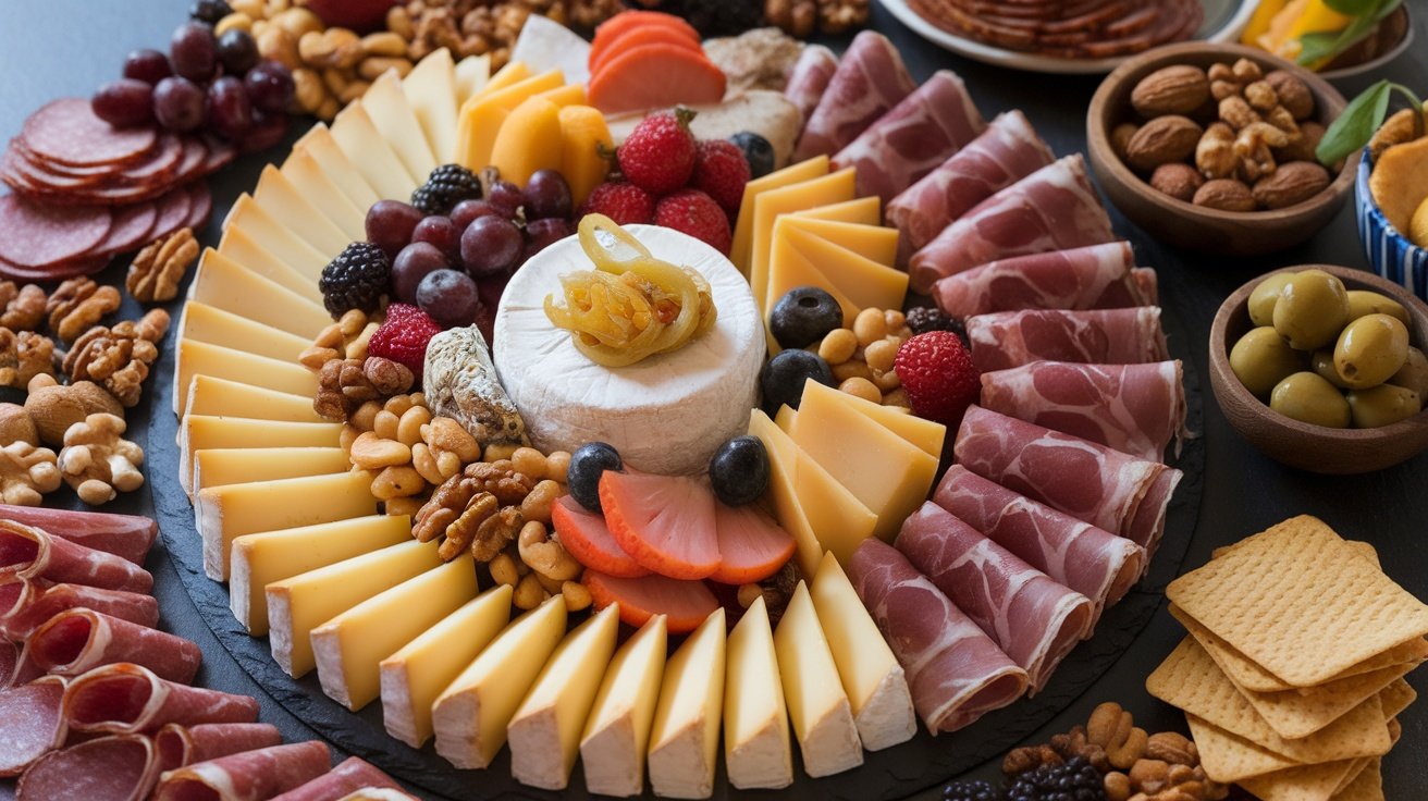 A beautifully arranged cheese and charcuterie board featuring various cheeses, meats, nuts, and fruits.