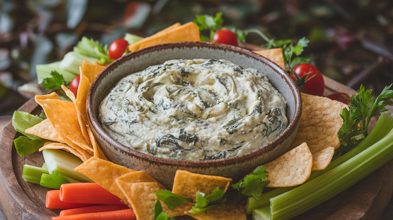A bowl of creamy spinach and artichoke dip surrounded by celery sticks, carrot sticks, and tortilla chips.