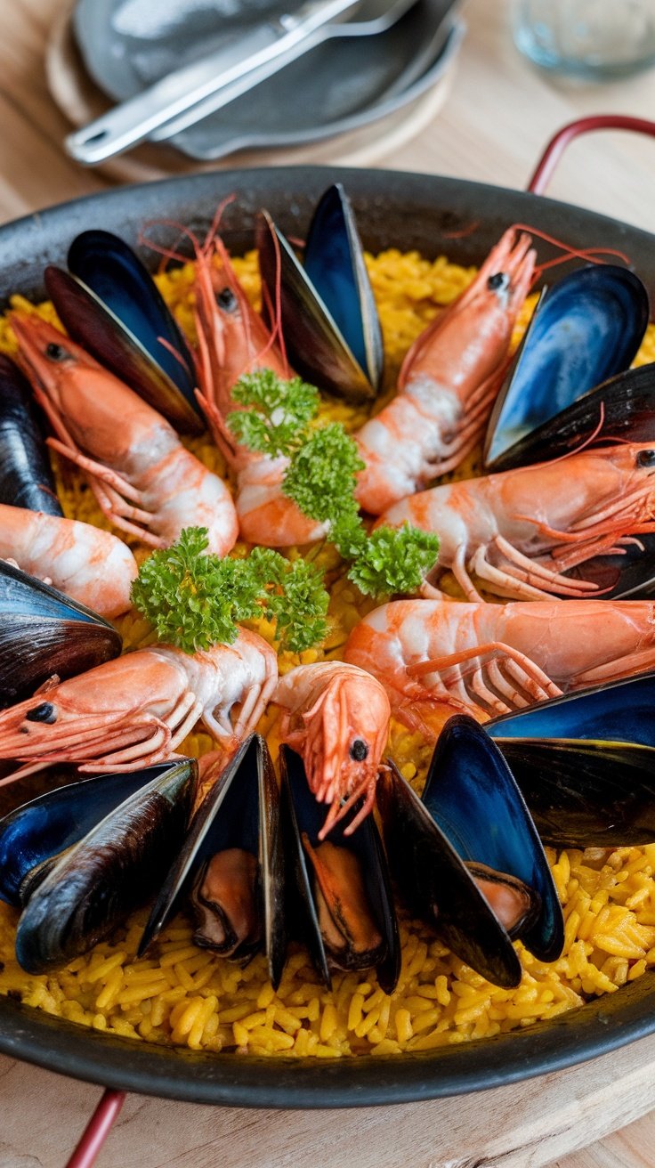 A vibrant seafood paella featuring shrimp and mussels on saffron rice