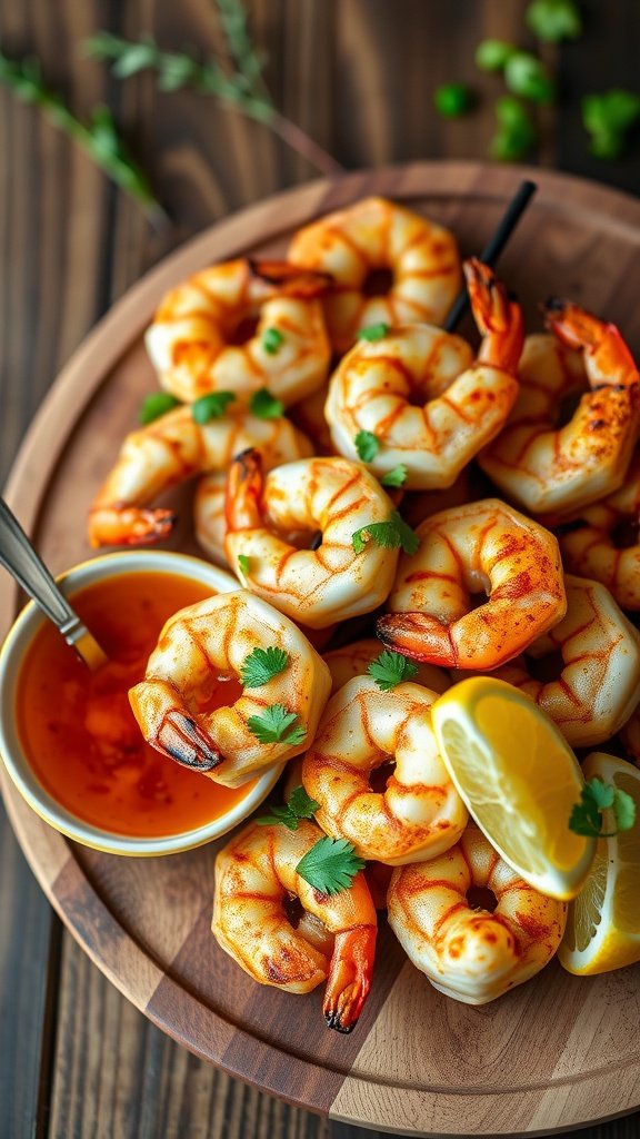 A plate of grilled shrimp skewers garnished with cilantro and served with a dipping sauce.