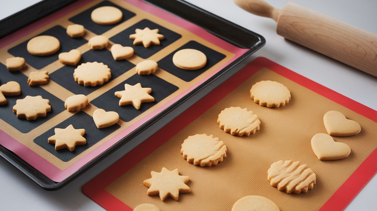 A tray with various cookie shapes on silicone baking mats.