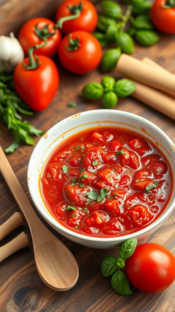 A bowl of simple tomato sauce surrounded by fresh tomatoes and herbs on a wooden table.