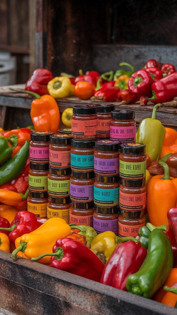 A colorful display of hot sauce jars surrounded by various types of peppers.