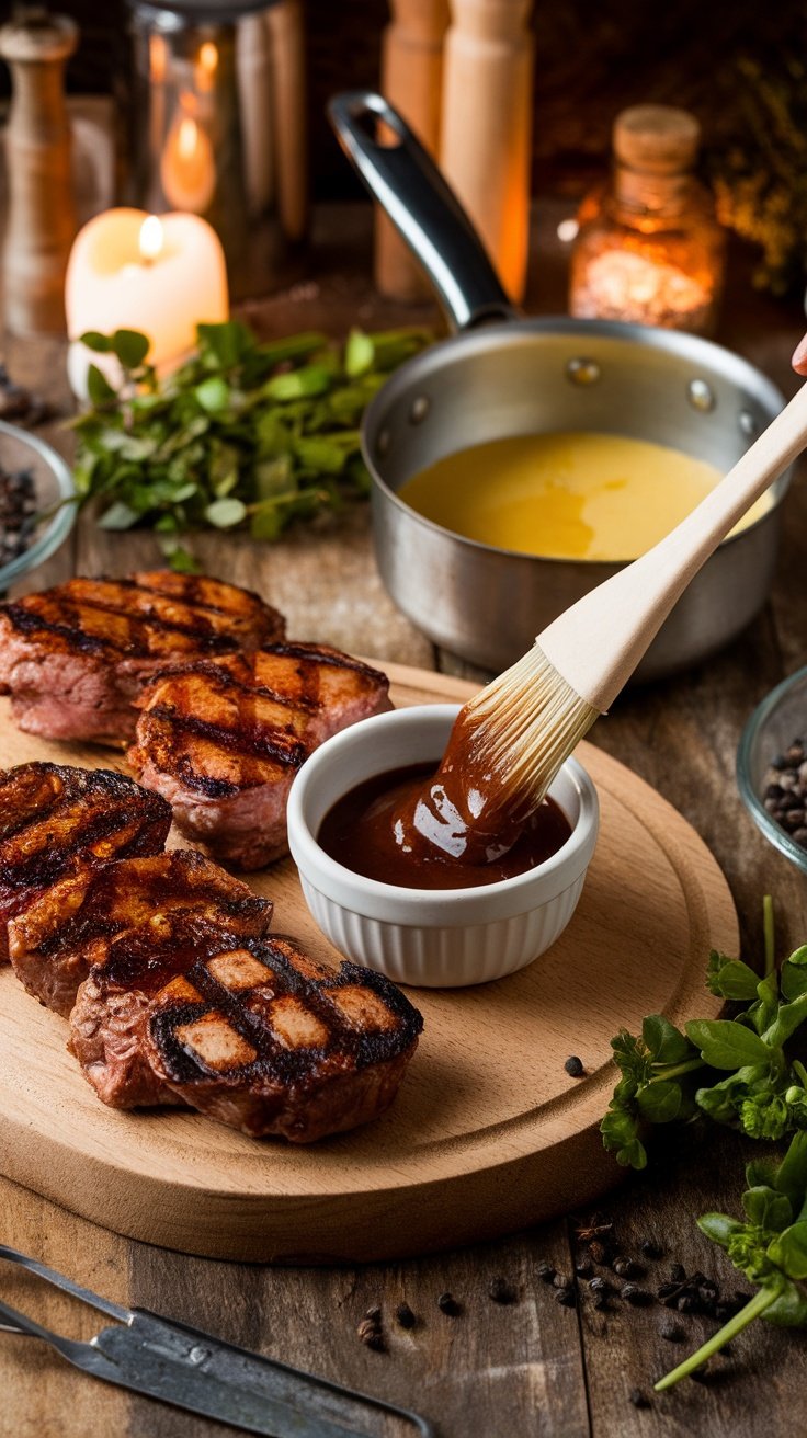A delicious Smoky Butter Glaze for grilling meats, with ingredients and preparation setup.