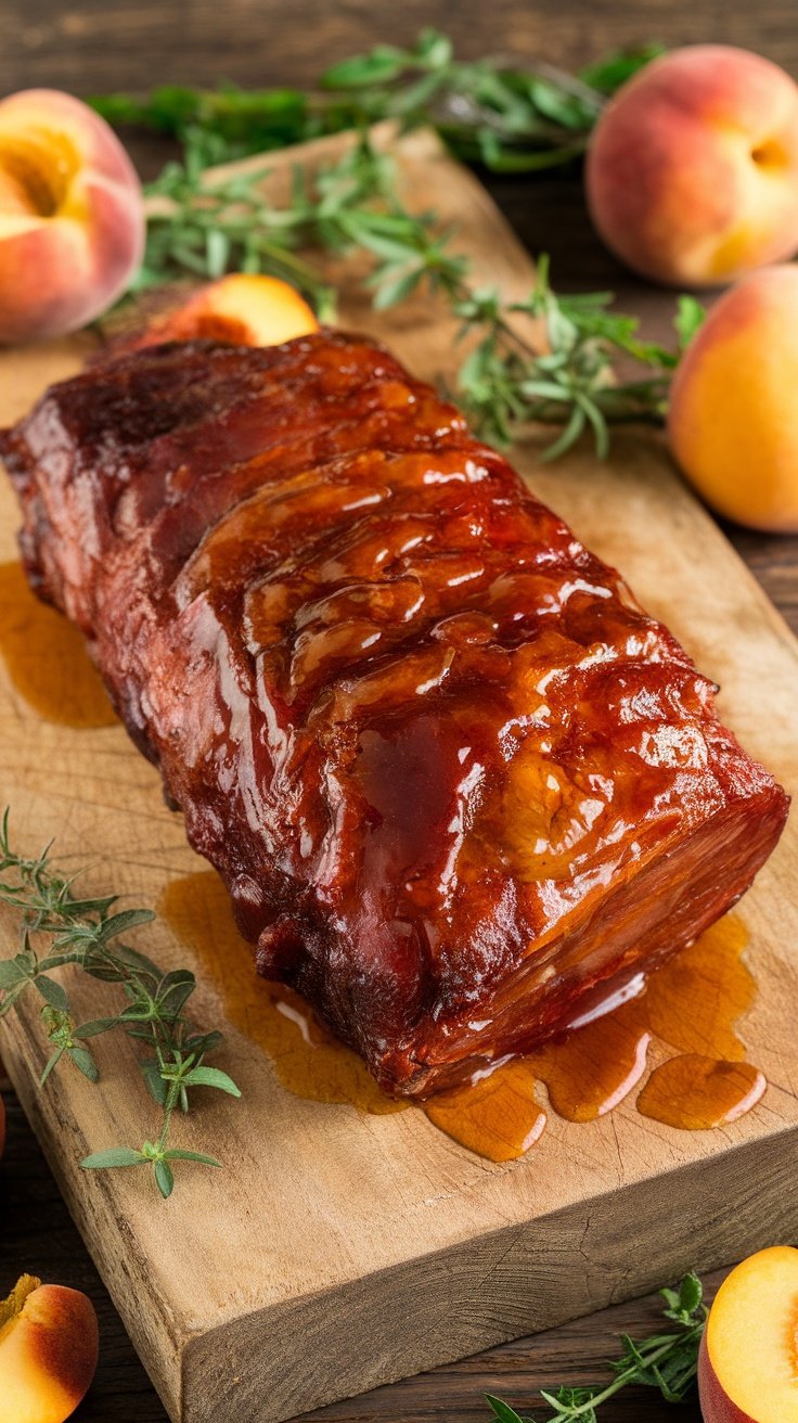A smoked meat dish glazed with peach preserves, garnished with fresh peaches and herbs.