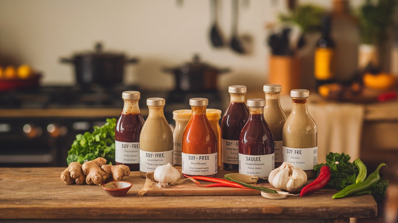 Various soy-free sauces displayed on a wooden table with fresh ingredients like garlic and ginger.