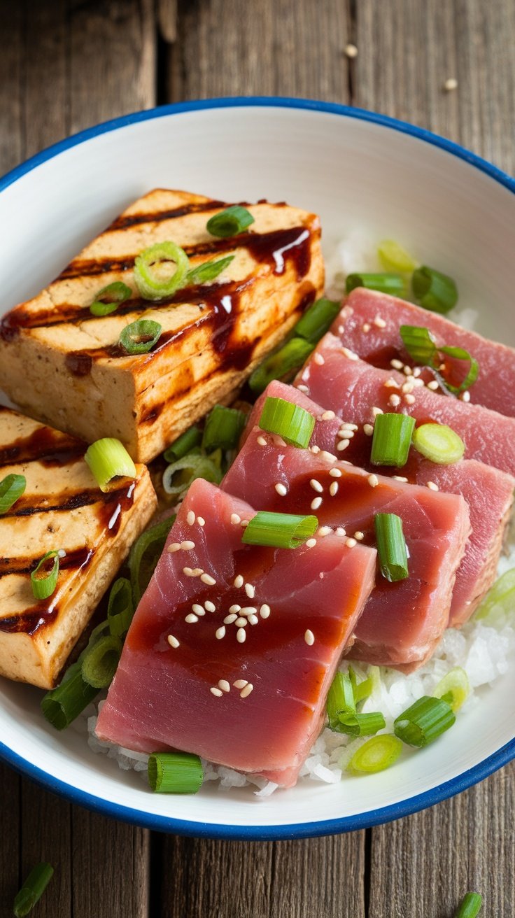 A bowl of grilled tofu and tuna with a soy ginger glaze and green onions.