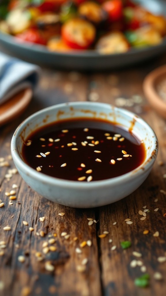 Bowl of soy glaze with sesame seeds on wooden table
