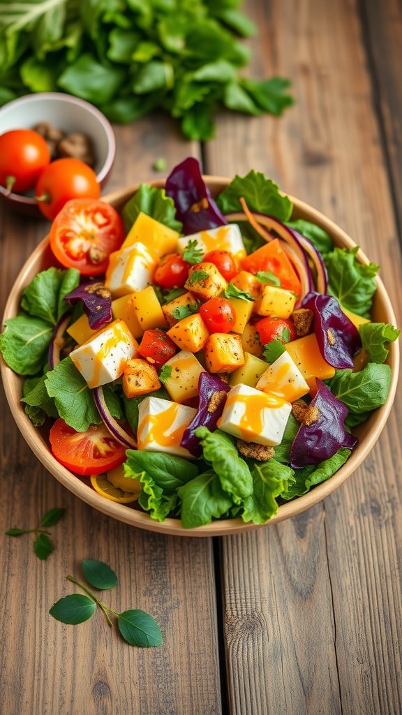 A colorful salad with lettuce, tomatoes, and diced fruits in a wooden bowl on a rustic wooden table.