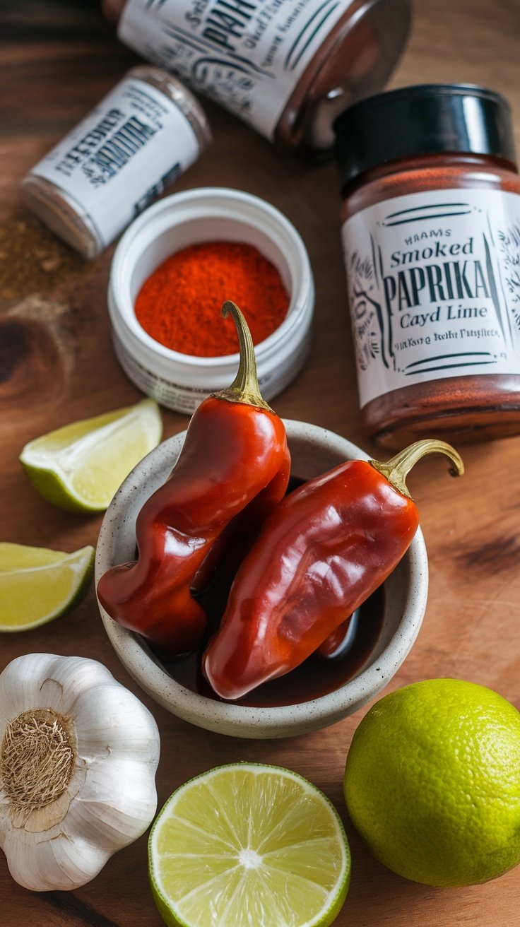 Ingredients for a spicy and smoky marinade including smoked paprika, red chilies, lime, and garlic.