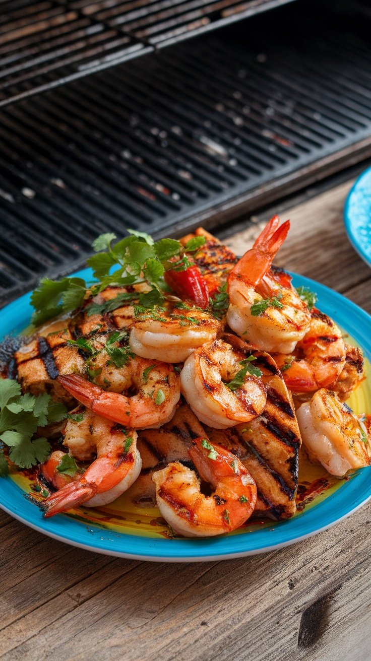 Grilled shrimp with a spicy agave glaze garnished with herbs.