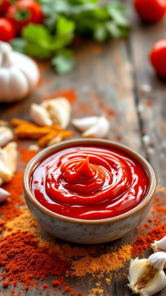 Spicy ketchup in a bowl surrounded by seasoning.