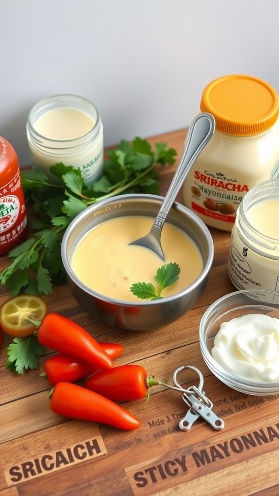 Image showing ingredients for spicy mayo including Sriracha, mayonnaise, and fresh peppers on a wooden surface.