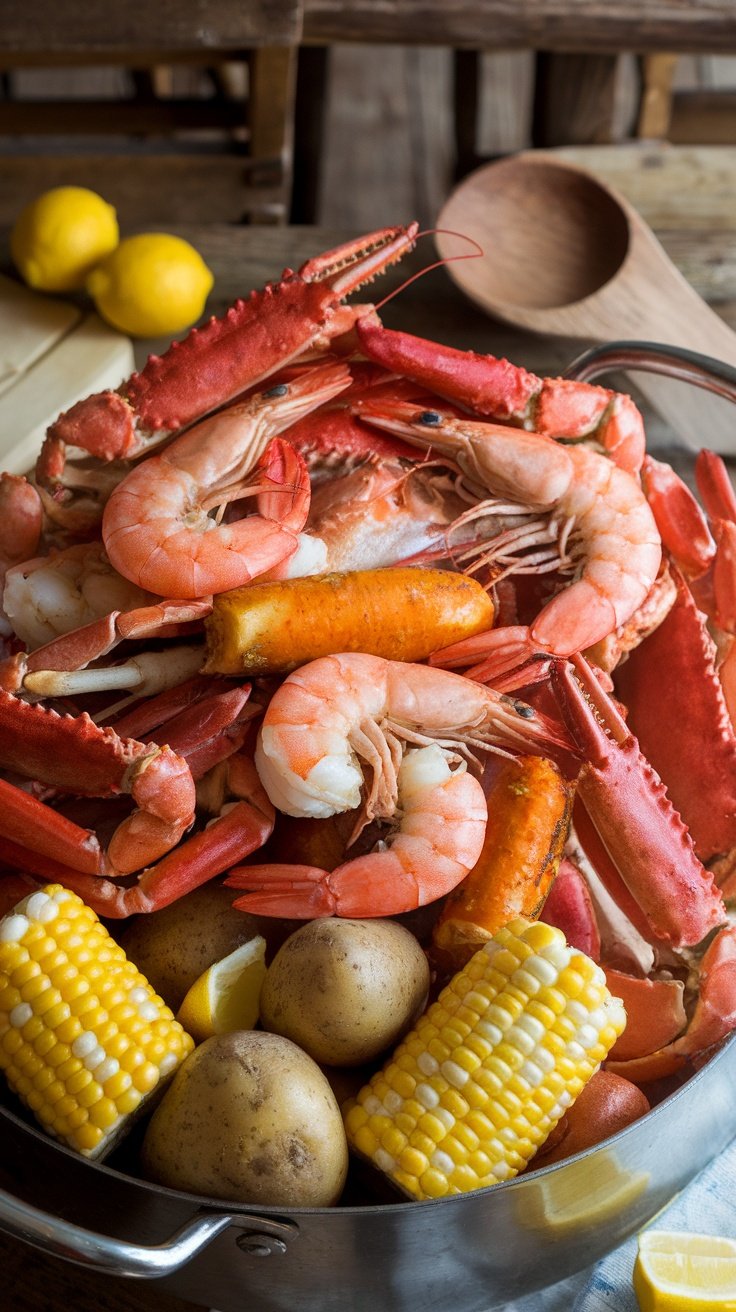 A colorful seafood boil featuring shrimp, crab, corn, and potatoes.