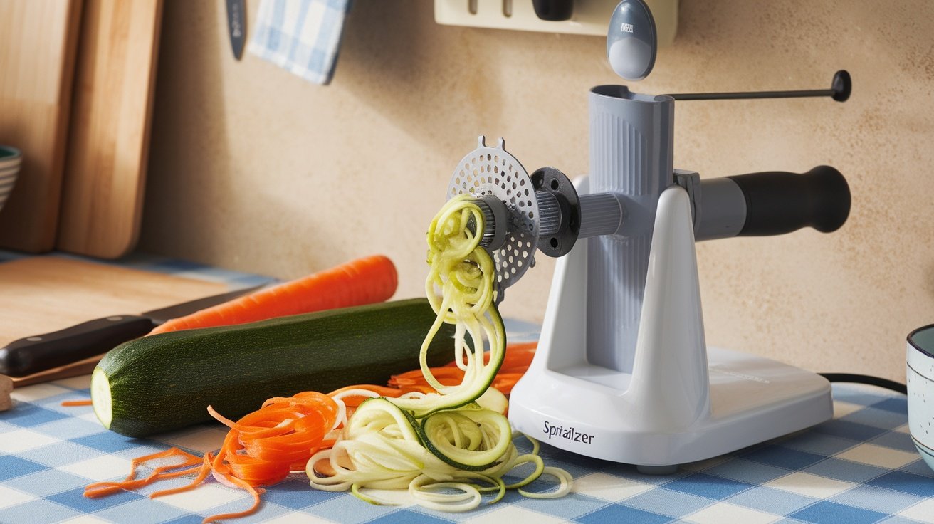 A spiralizer with zucchini and carrots on a kitchen counter.