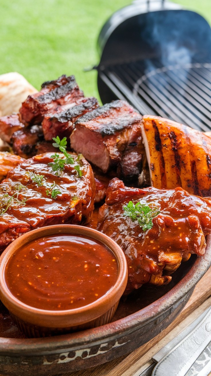 A platter of grilled meats with St. Louis style BBQ sauce.