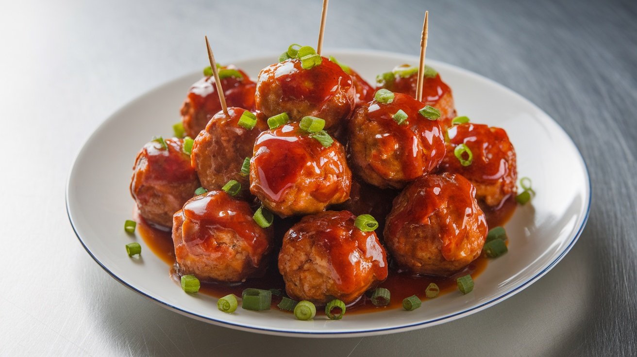 A plate of sweet and spicy meatballs topped with green onions and skewers for easy serving.