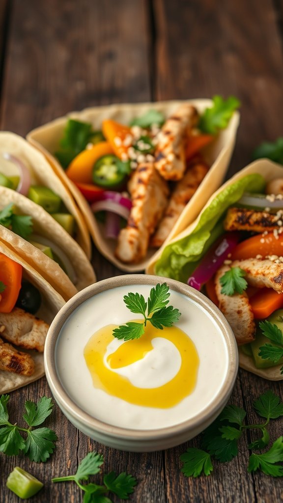 A bowl of tahini sauce with olive oil and cilantro, alongside colorful wraps filled with grilled chicken and vegetables.