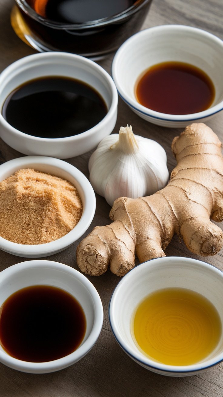 Ingredients for teriyaki marinade, including soy sauce, garlic, ginger, and sugar.