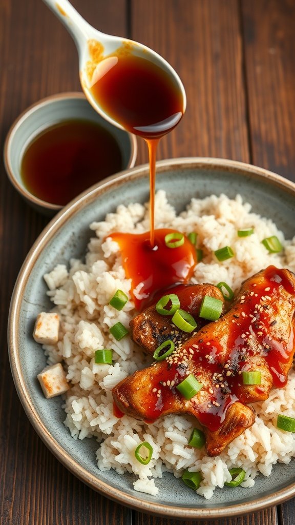 A bowl of rice topped with teriyaki sauce and green onions.