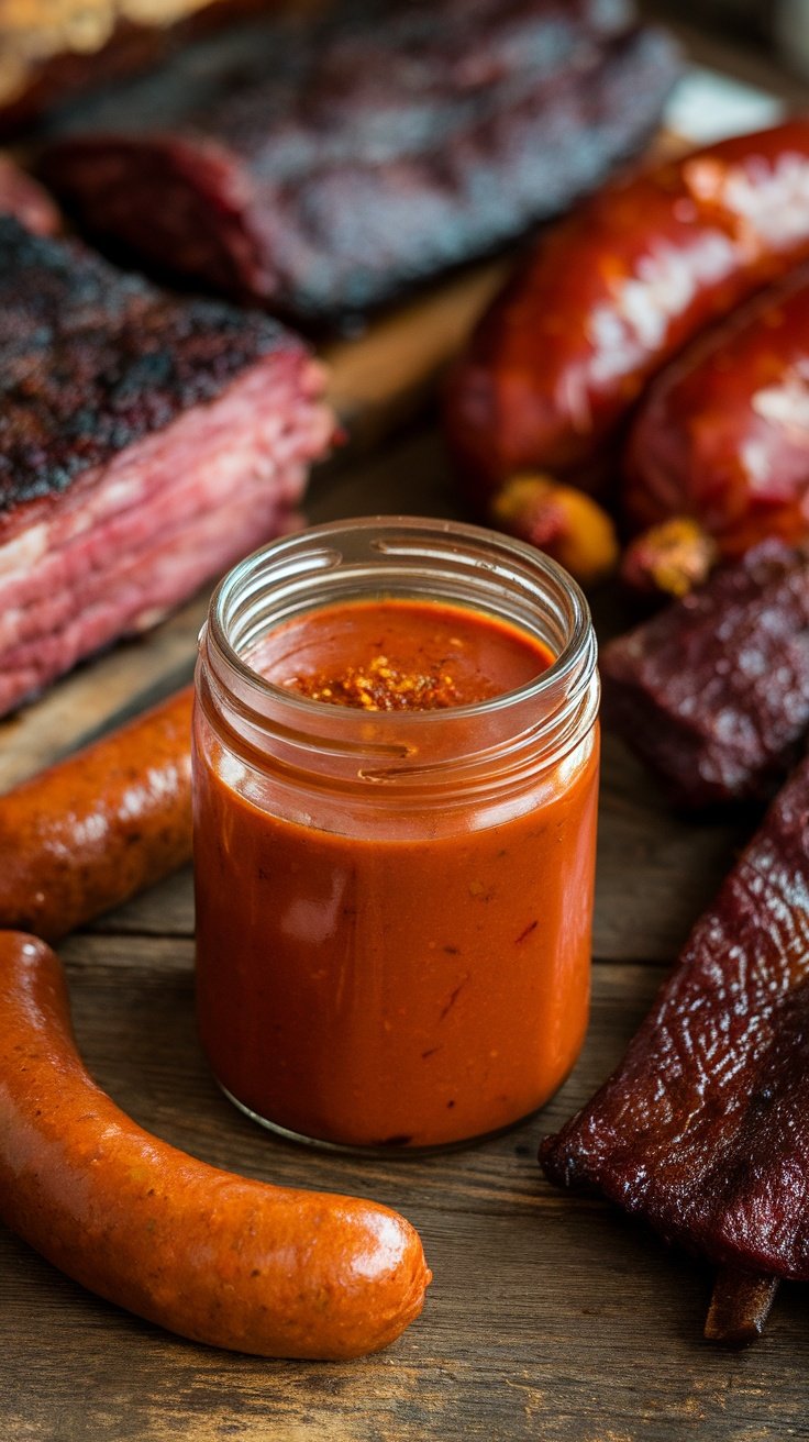A jar of Texas style BBQ sauce surrounded by sausage and smoked meat.