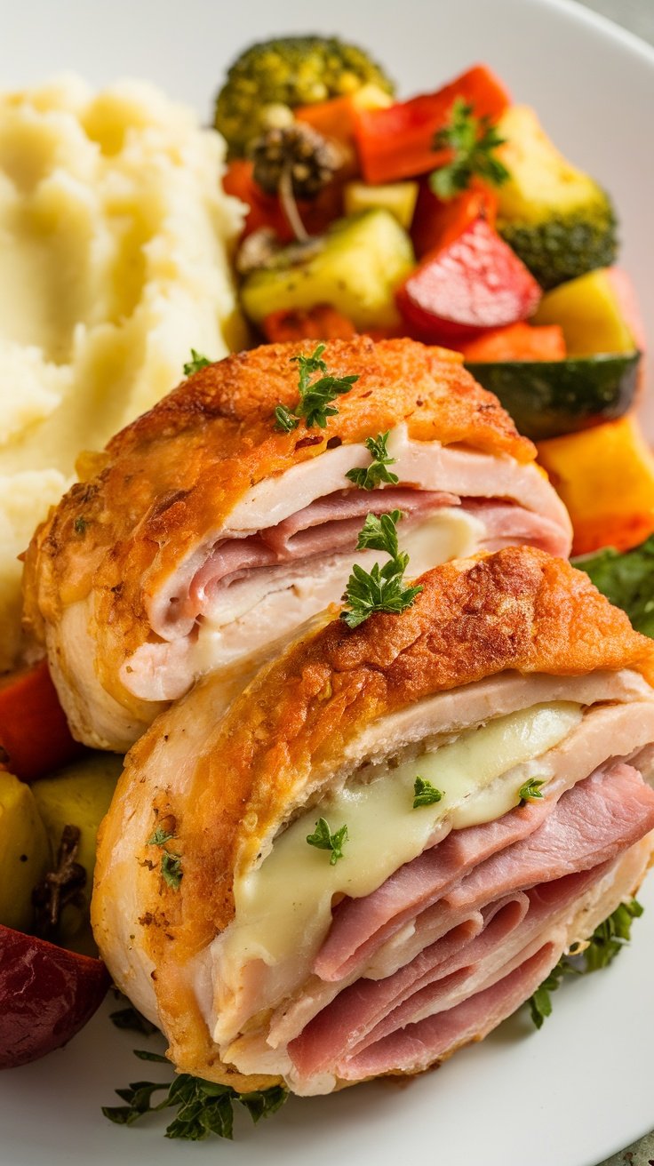 Classic Chicken Cordon Bleu Recipe A serving of chicken cordon bleu, featuring crispy chicken rolls with ham and cheese, garnished with parsley, on a plate with vegetables and mashed potatoes.