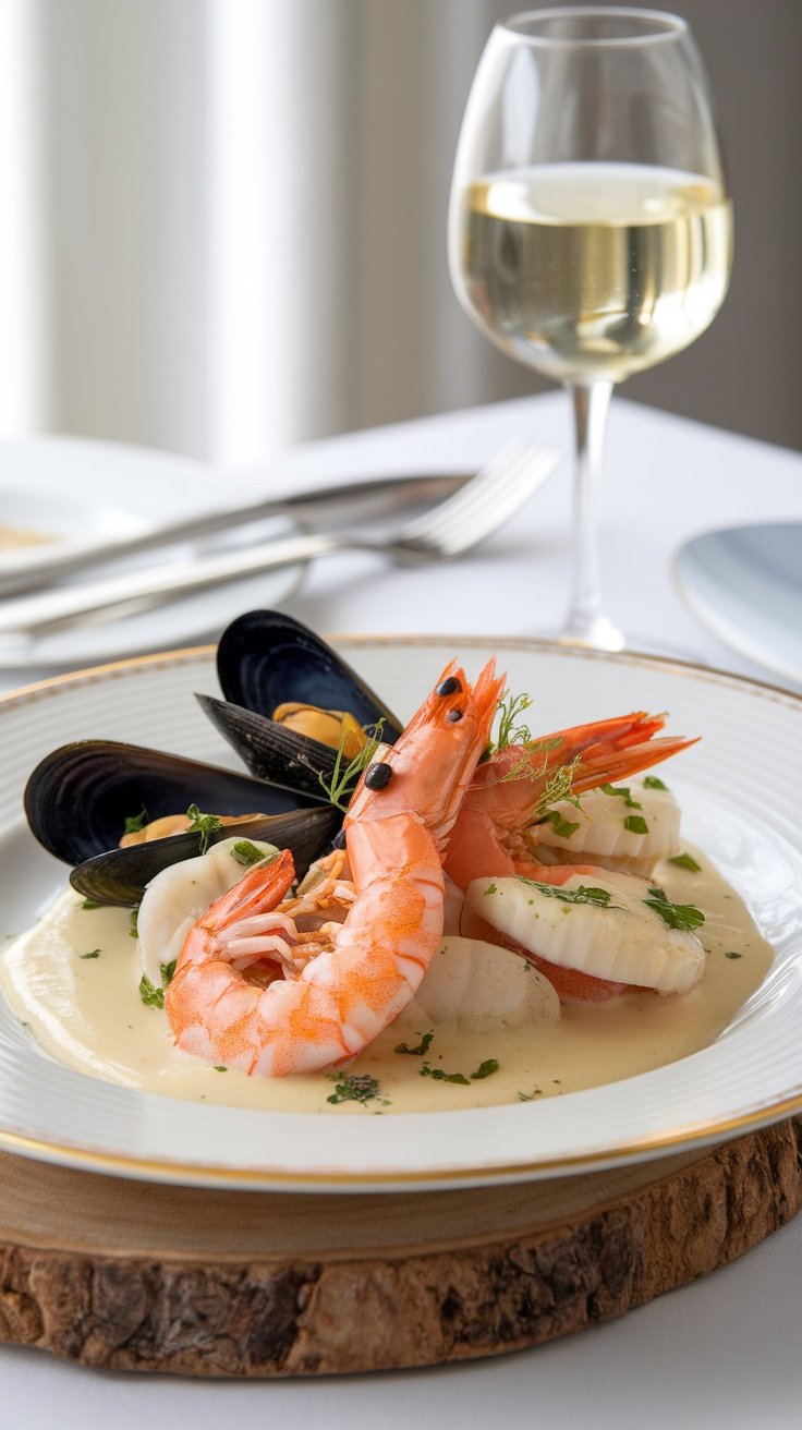 Classic Beurre Blanc Sauce for Seafood Plate of seafood with beurre blanc sauce and fresh herbs on a stylish table setting.