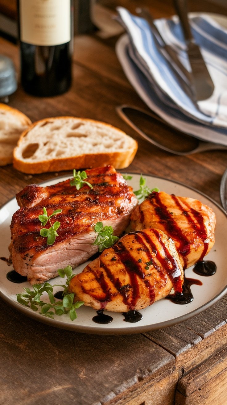Grilled chicken and pork drizzled with strawberry balsamic glaze